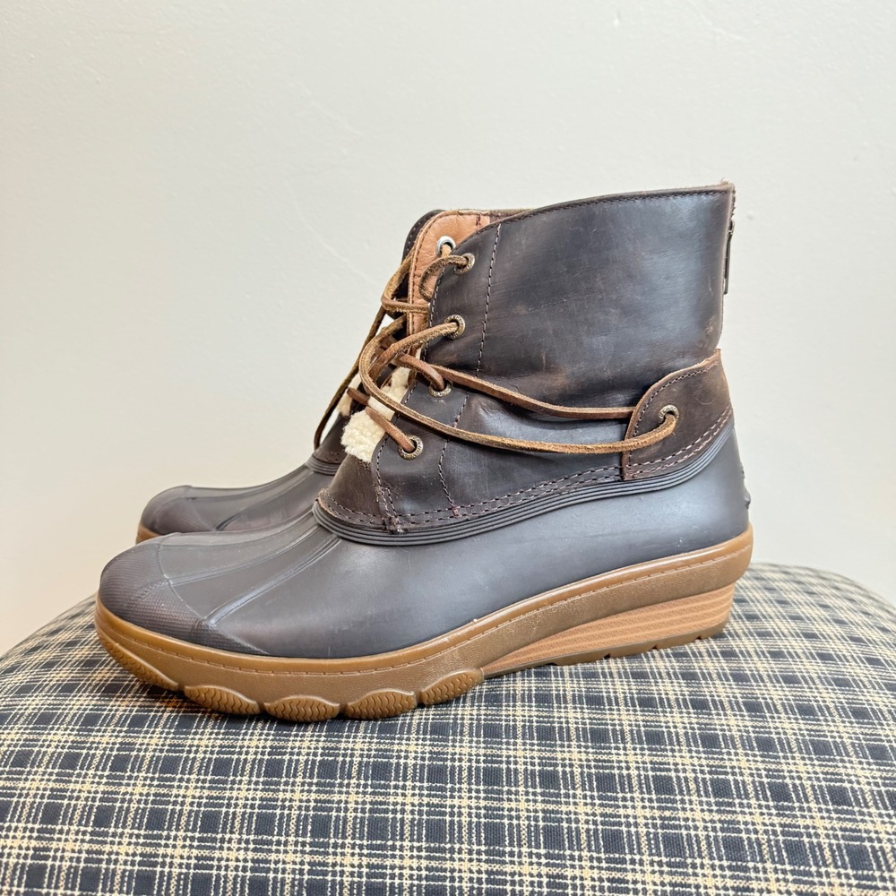 Sperry Saltwater Wedge Shearling Lined Waterproof Duck Boots Size 8.5 Brown